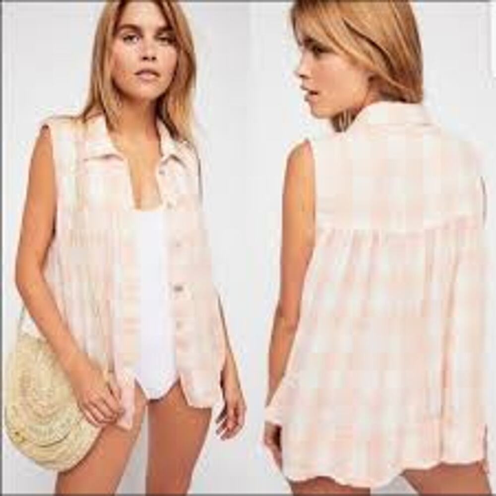 Free People Hey There Sunrise Pink Gingham Sleeveless Button Top